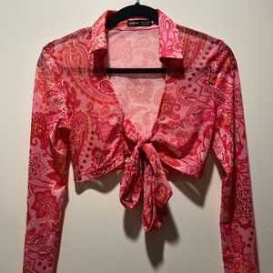 SHEIN Vibrant Pink Paisley Tie-Front Blouse